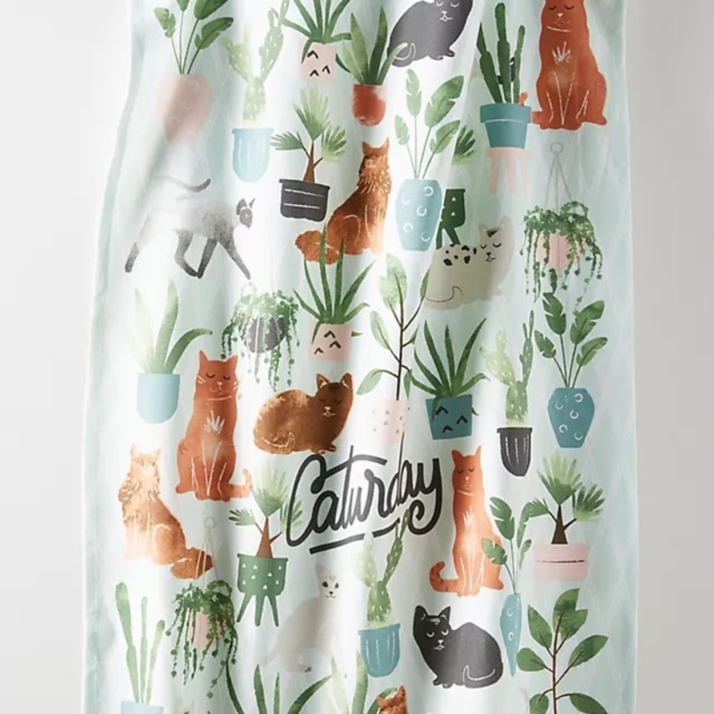 Anthropologie Caturday Kitchen Dish Towel New Cat and Plant Print Towel